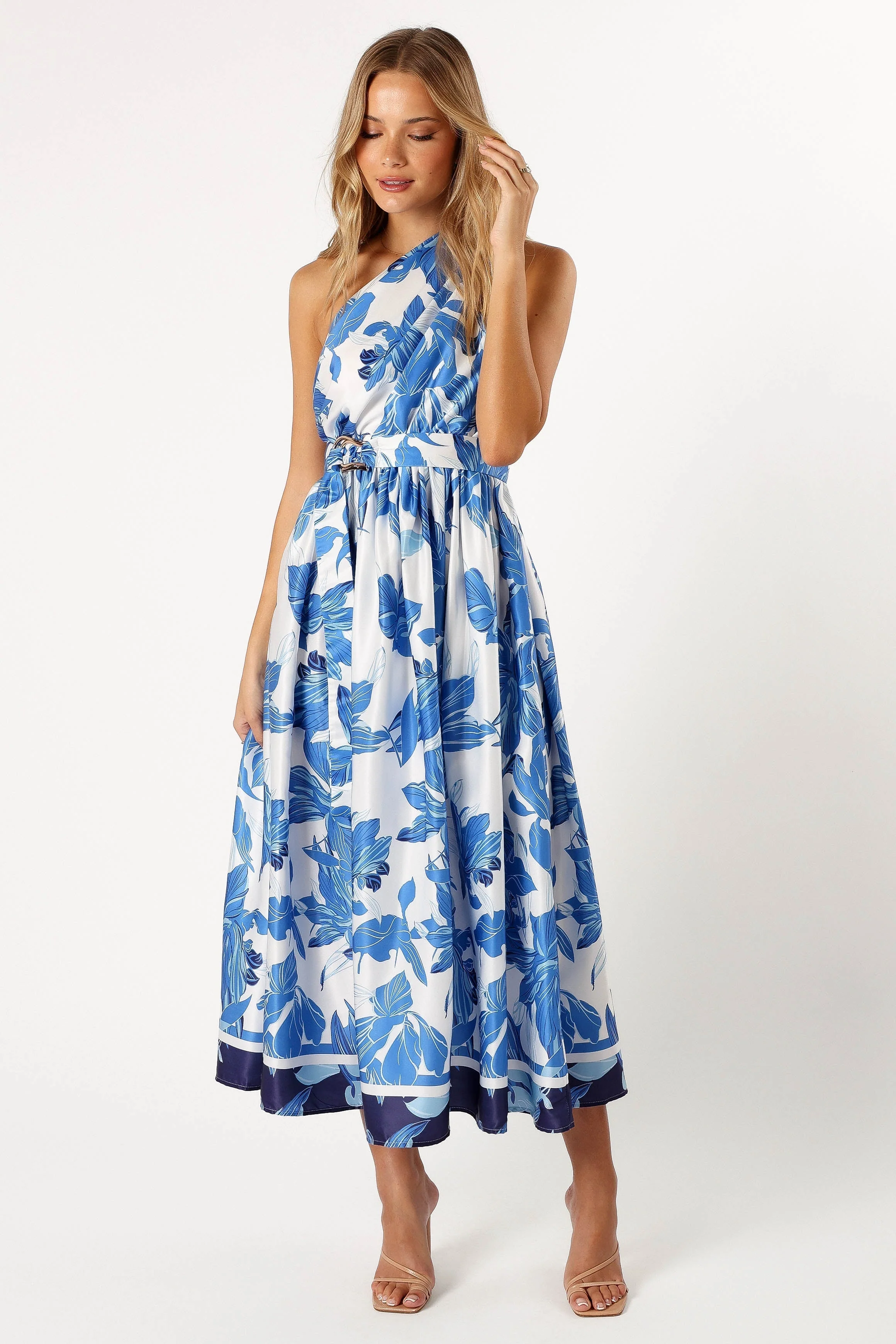 Naomi One Shoulder Midi Dress - Blue Floral-Rgtroy