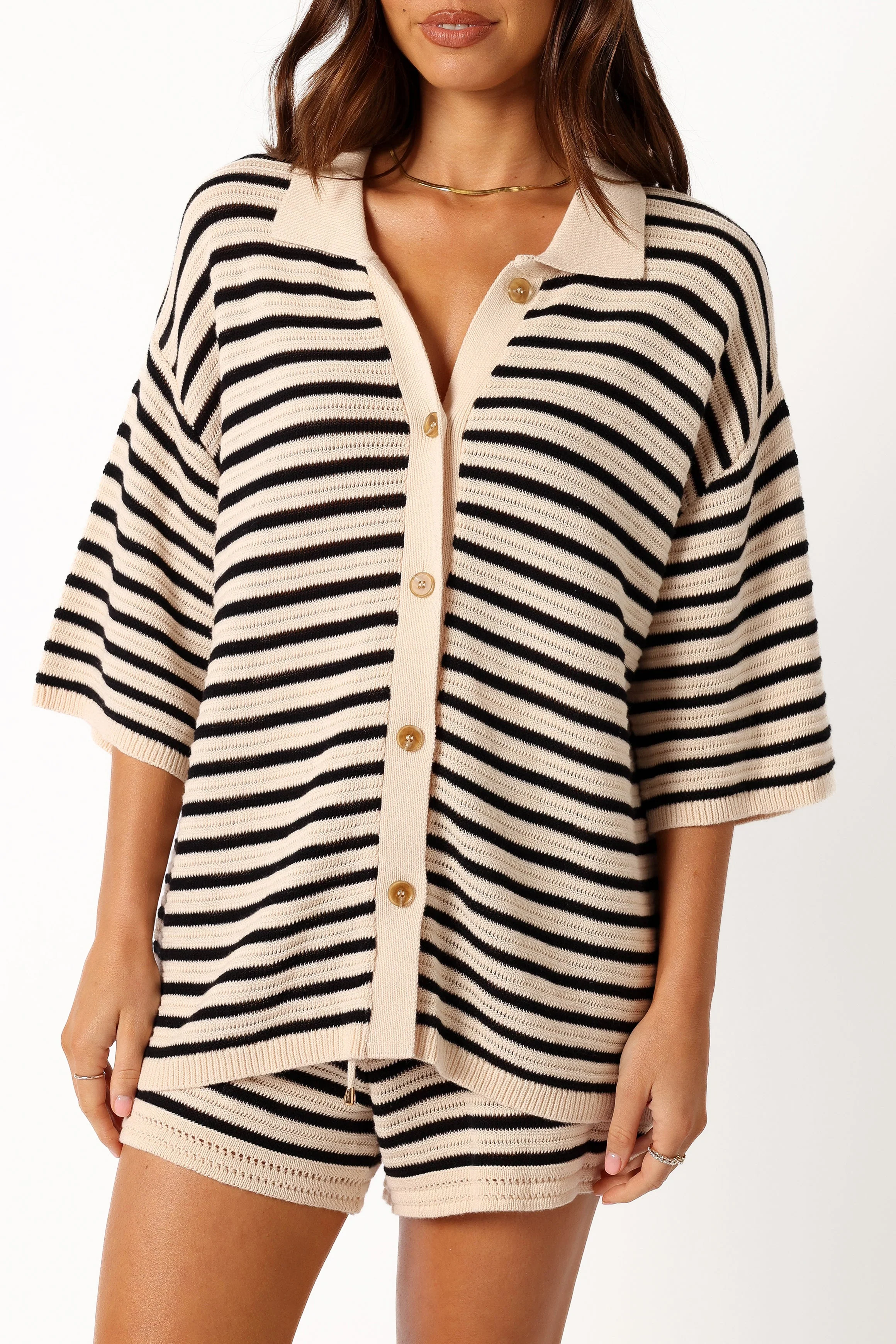 Cherie Knit Shirt - Sand Black-Rgtroy