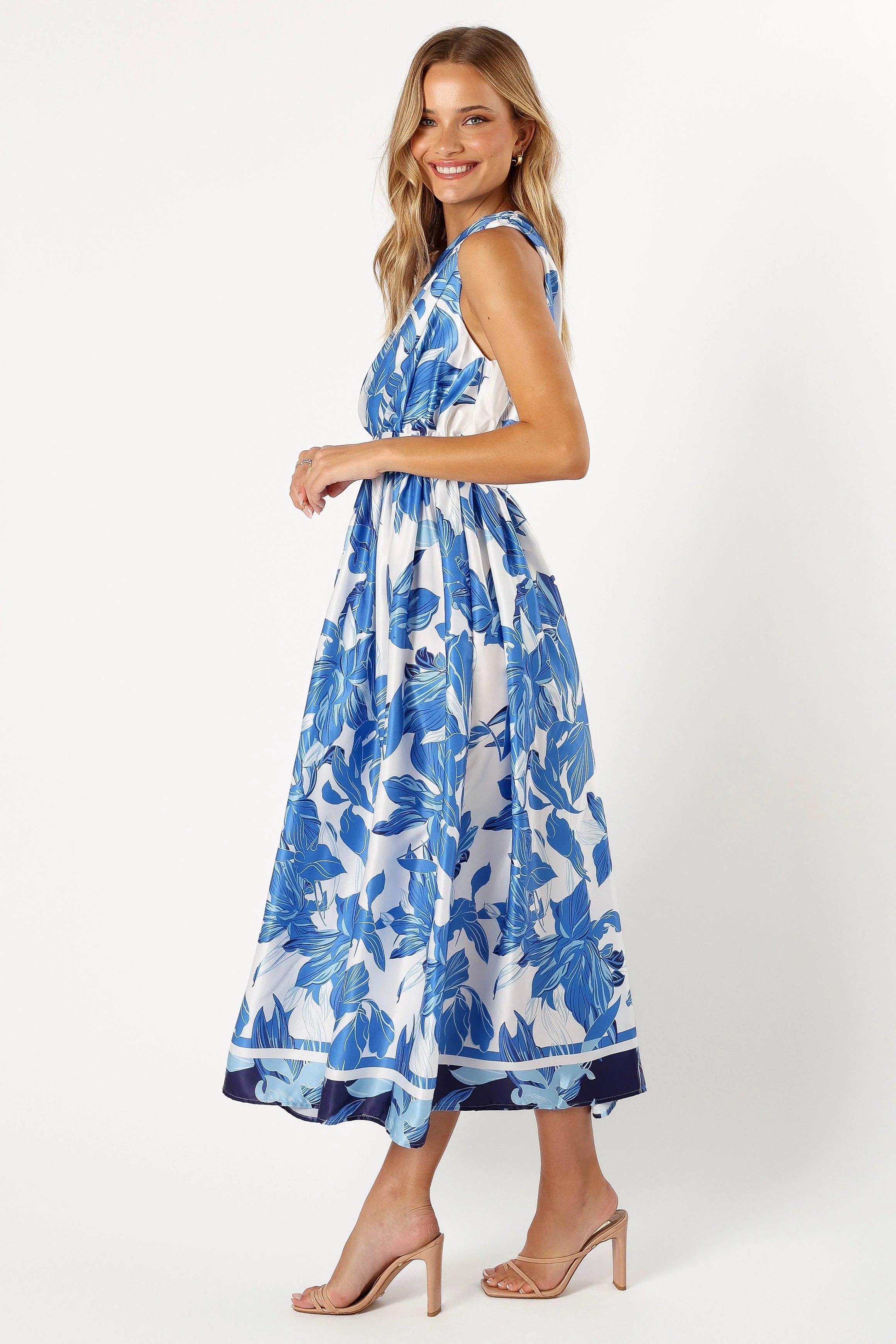 Naomi One Shoulder Midi Dress - Blue Floral-Rgtroy