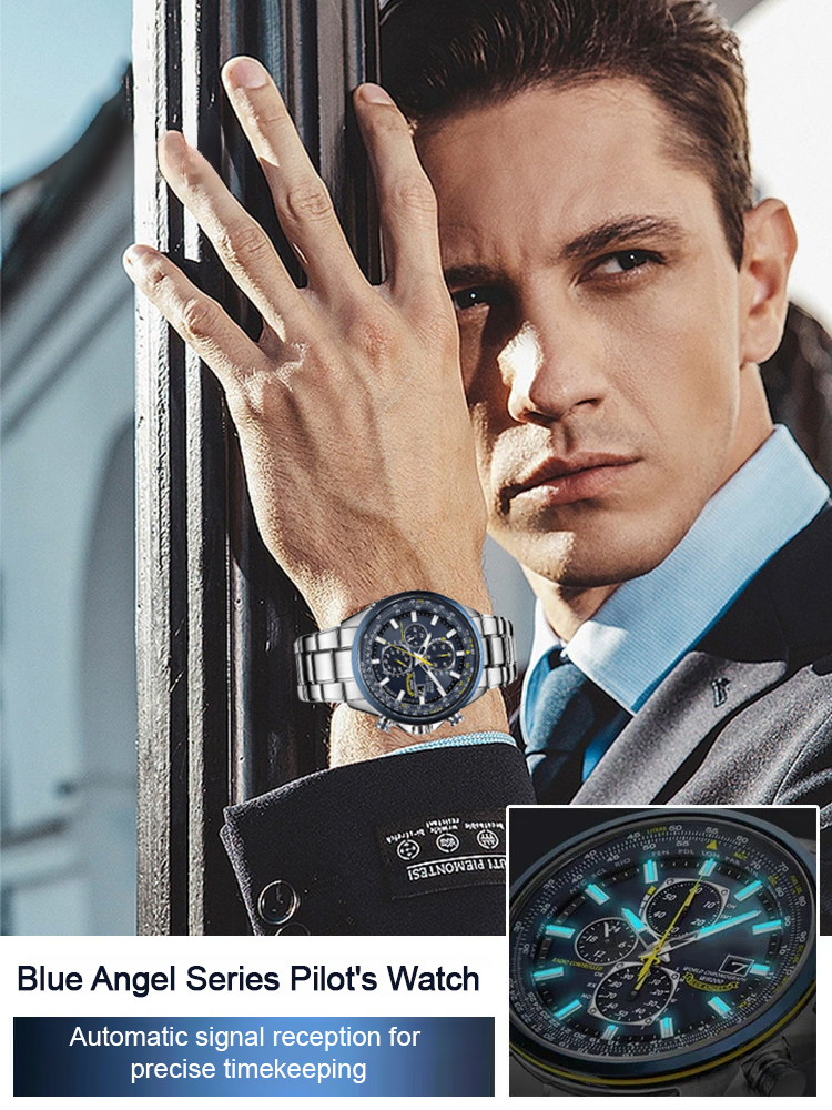 Blue Angel three-eye six-hand light-kinetic energy quartz movement flight watch✈️ Never change a battery again! ⚡️ Blue Angel light-powered flight watch with six-hand precision. ⌚