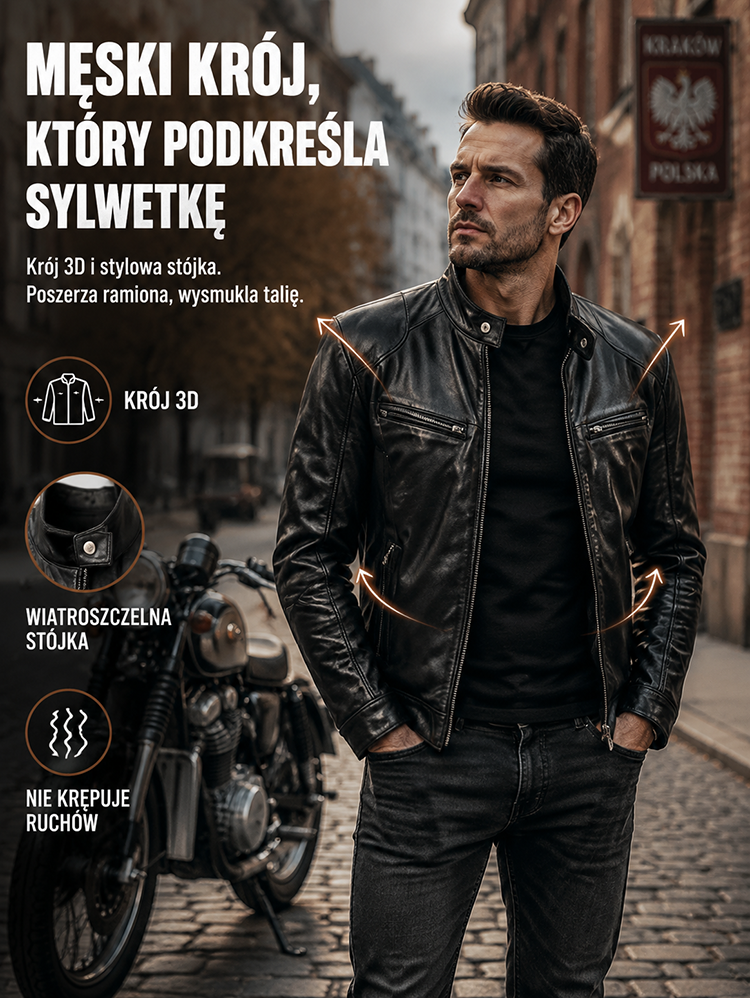 Męska dopasowana kurtka skórzana ze stójką