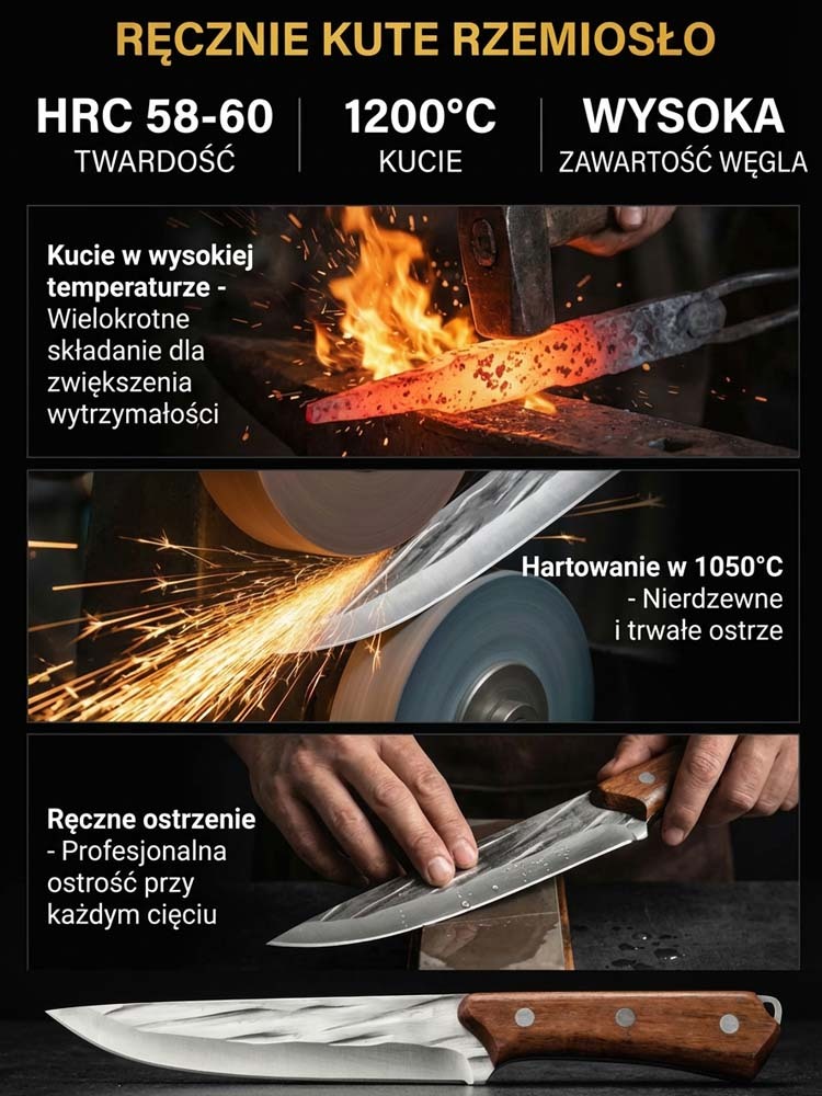 Profesjonalny Niemiecki Nóż do Trybowania 32cm🔪 | Ręcznie Kuty i Niezwykle Ostry | Idealny do Mięsa 