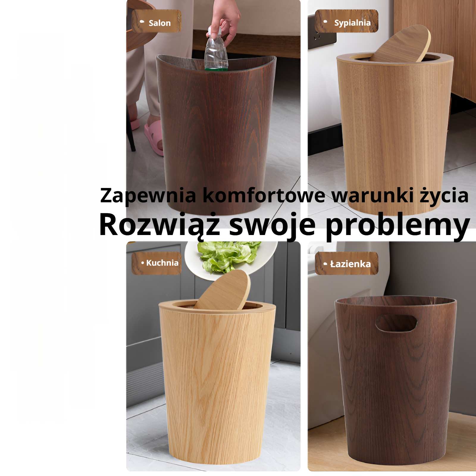 Kosz na śmieci z drewna w stylu nordyckim, z pokrywą, do domu, biura i kuchni