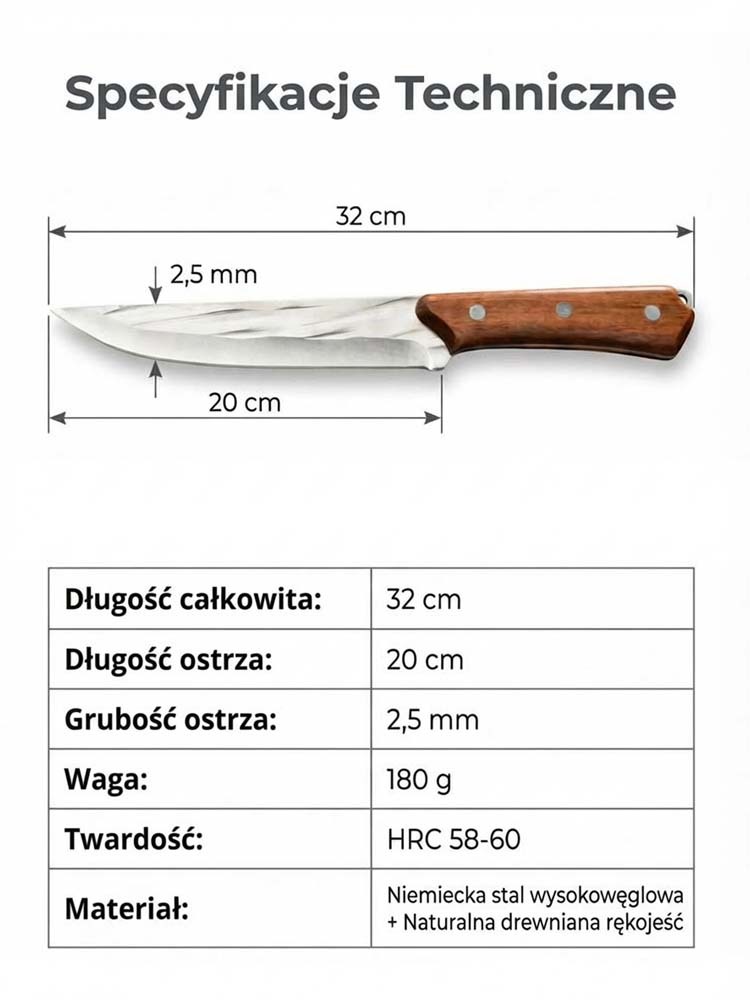 Profesjonalny Niemiecki Nóż do Trybowania 32cm🔪 | Ręcznie Kuty i Niezwykle Ostry | Idealny do Mięsa 
