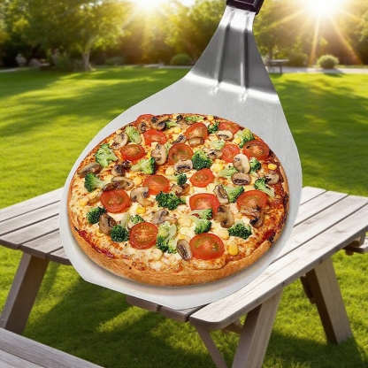 Stainless Steel Pizza Shovel with Wooden Handle – Large Round Pizza Spatula for Grill