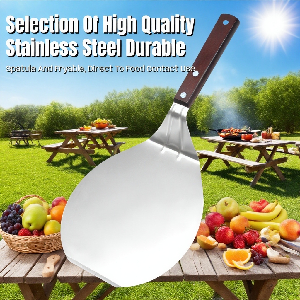 Stainless Steel Pizza Shovel with Wooden Handle – Large Round Pizza Spatula for Grill