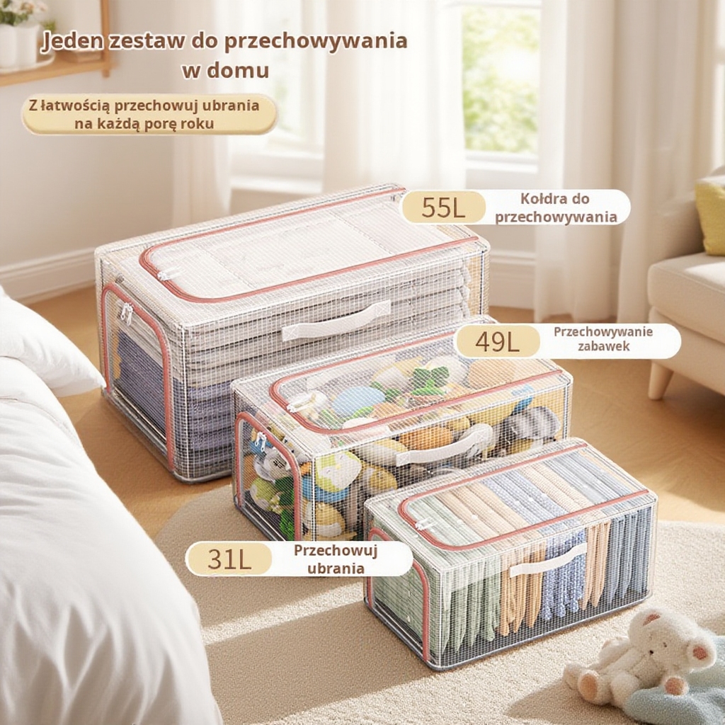 Przezroczysty pojemnik na ubrania z siatki PVC