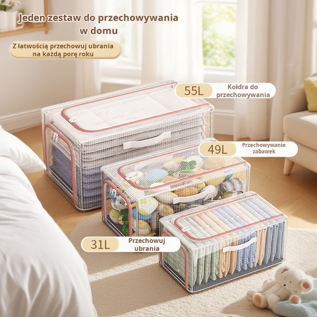 Przezroczysty pojemnik na ubrania z siatki PVC