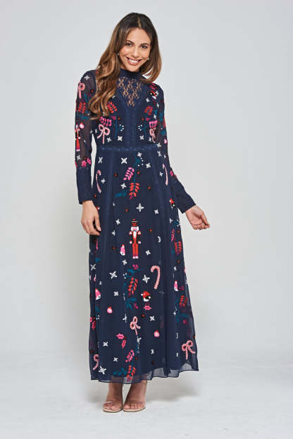 Navy Christmas Embroidered Maxi Dress with Lace Panels