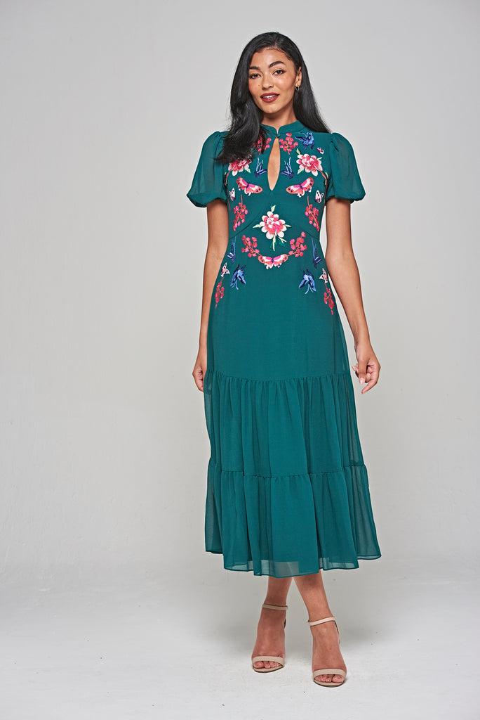 Green Floral Embroidered Midi Dress
