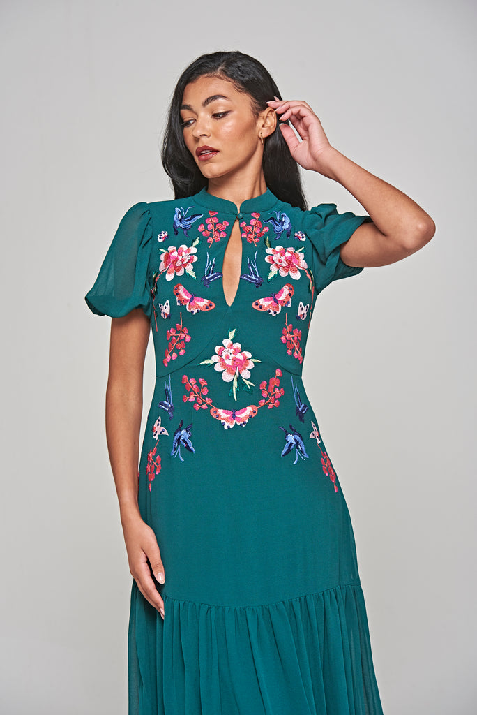 Green Floral Embroidered Midi Dress