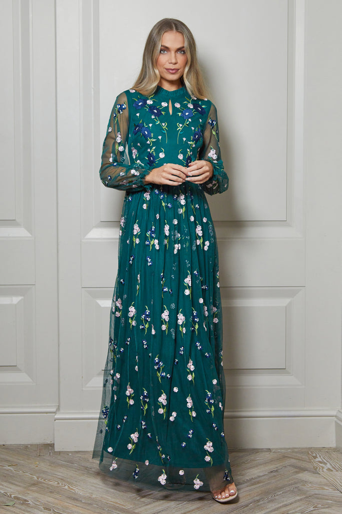 Alpine Green Floral Embroidered Maxi Dress