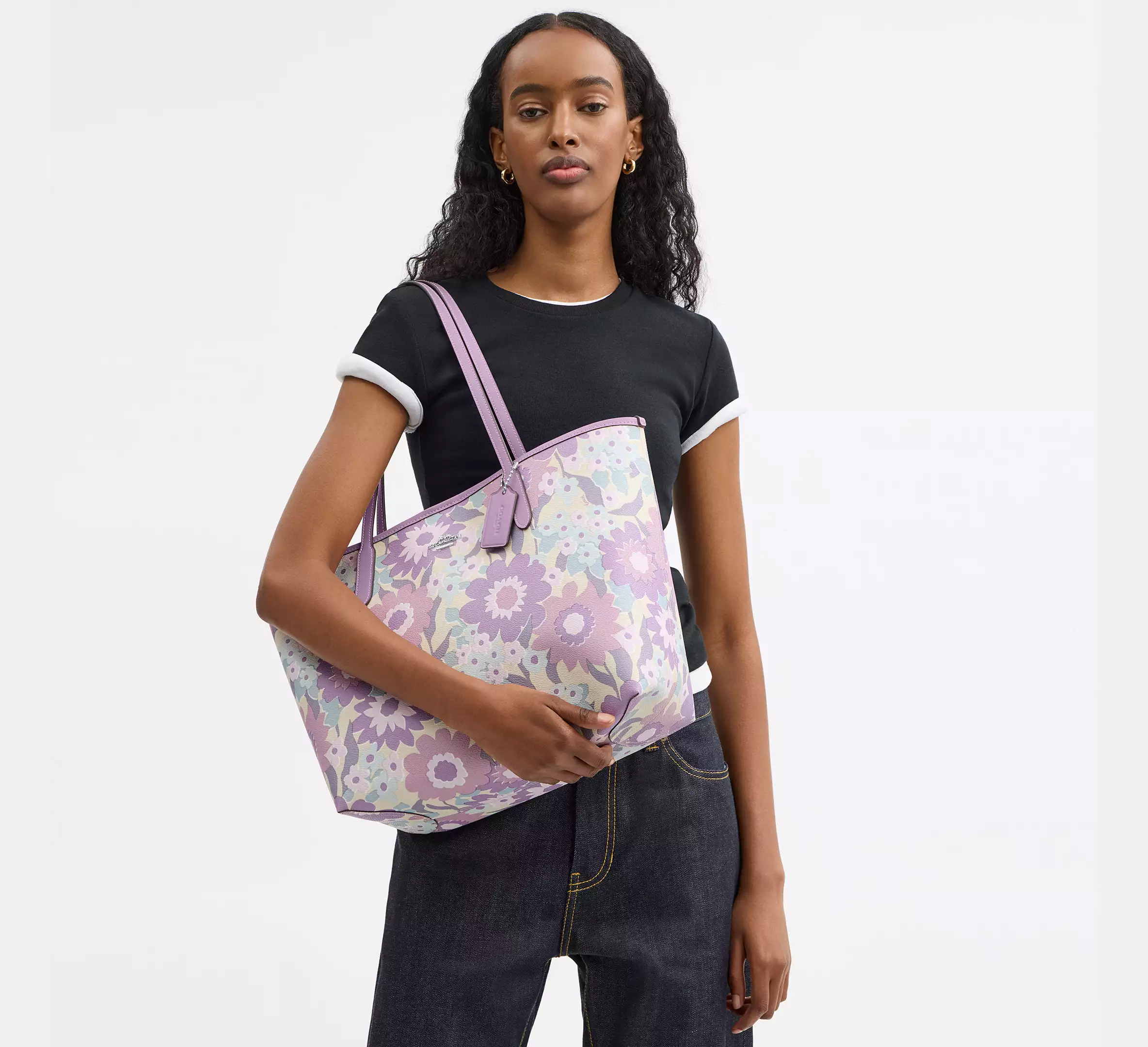 City Tote Bag With Floral Print Sv/Ivory/Purple Multi