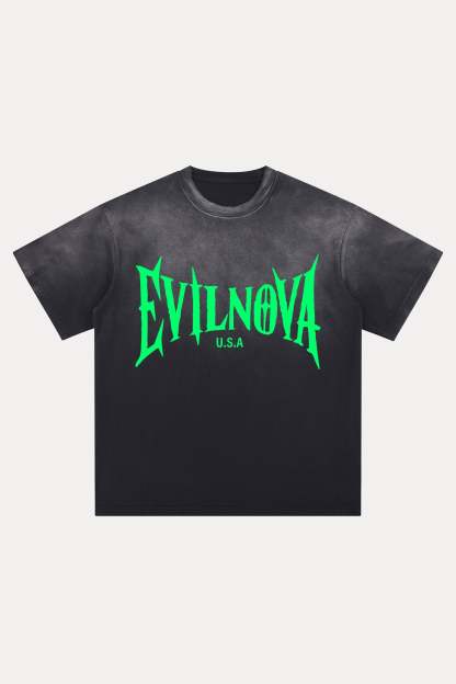 Evilnova Black U.S.A Logo Distressed Washed T-Shirt-Evilnova