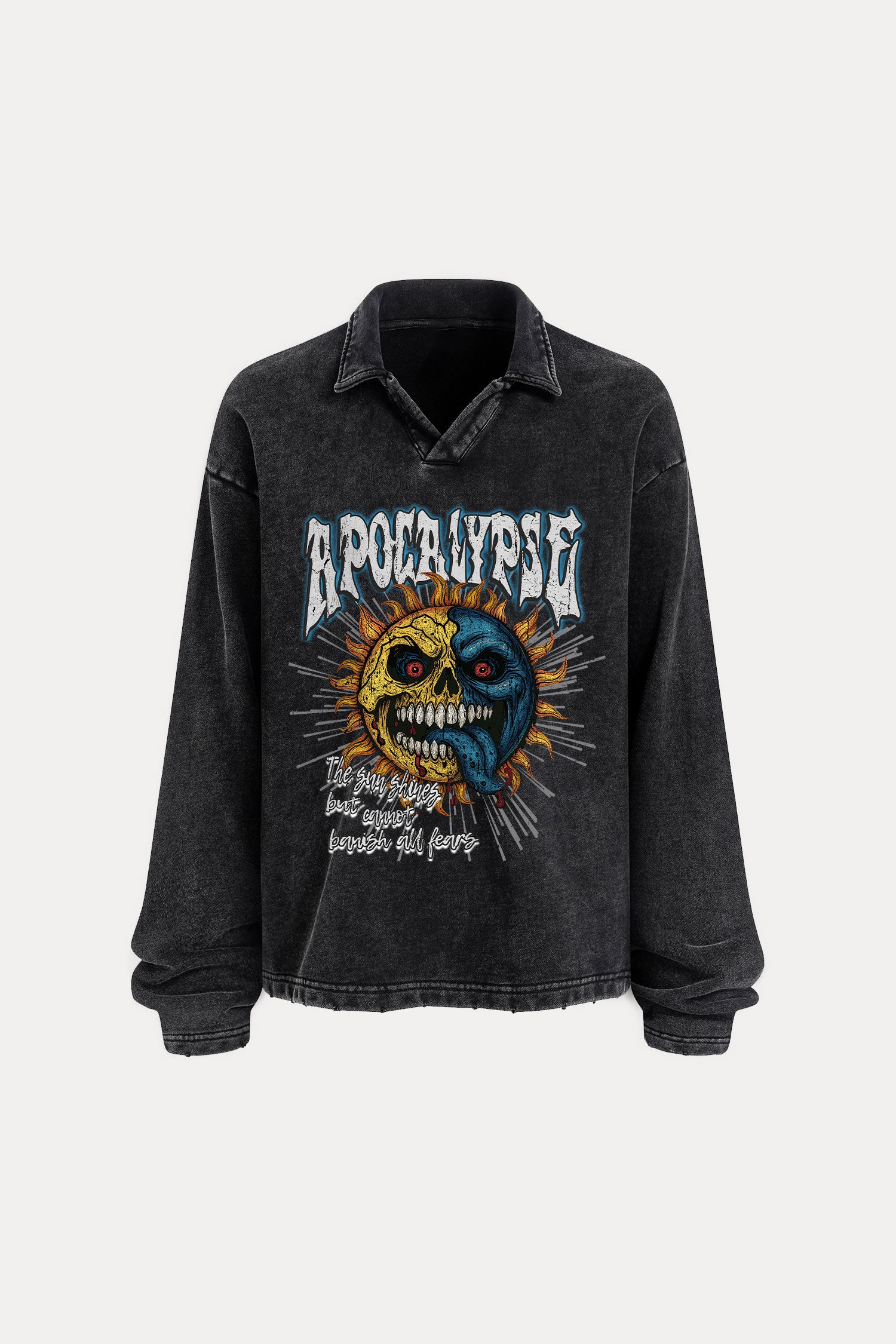 Evilnova Apocalypse Distressed Edge Buttonless Long Sleeve Polo Shirt-Evilnova