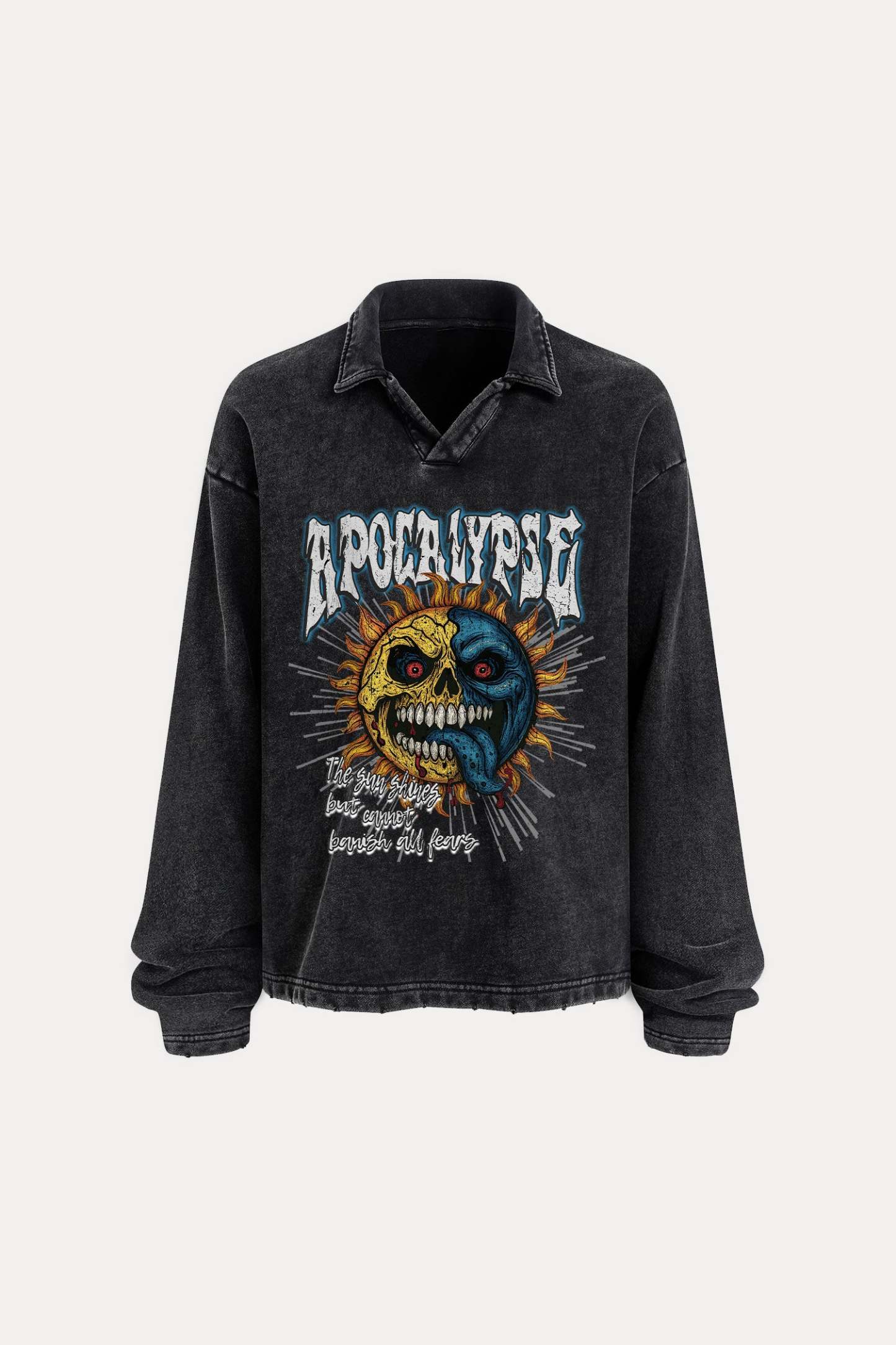 Evilnova Apocalypse Distressed Edge Buttonless Long Sleeve Polo Shirt-Evilnova