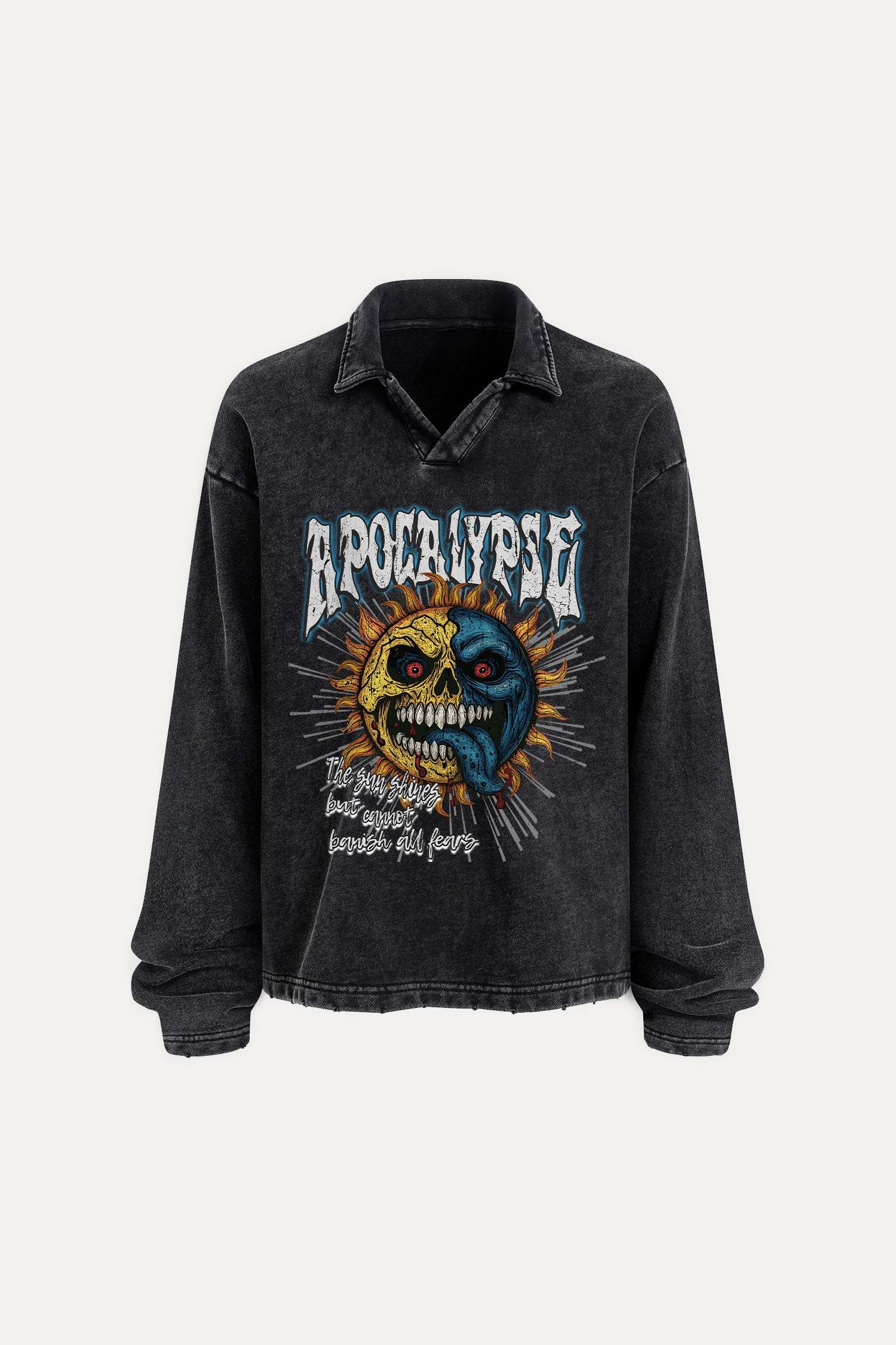 Evilnova Apocalypse Distressed Edge Buttonless Long Sleeve Polo Shirt-Evilnova