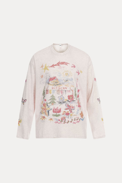 Evilnova Colorful Hand-Painted Butterfly Print Two-Tone Long Sleeve Tee