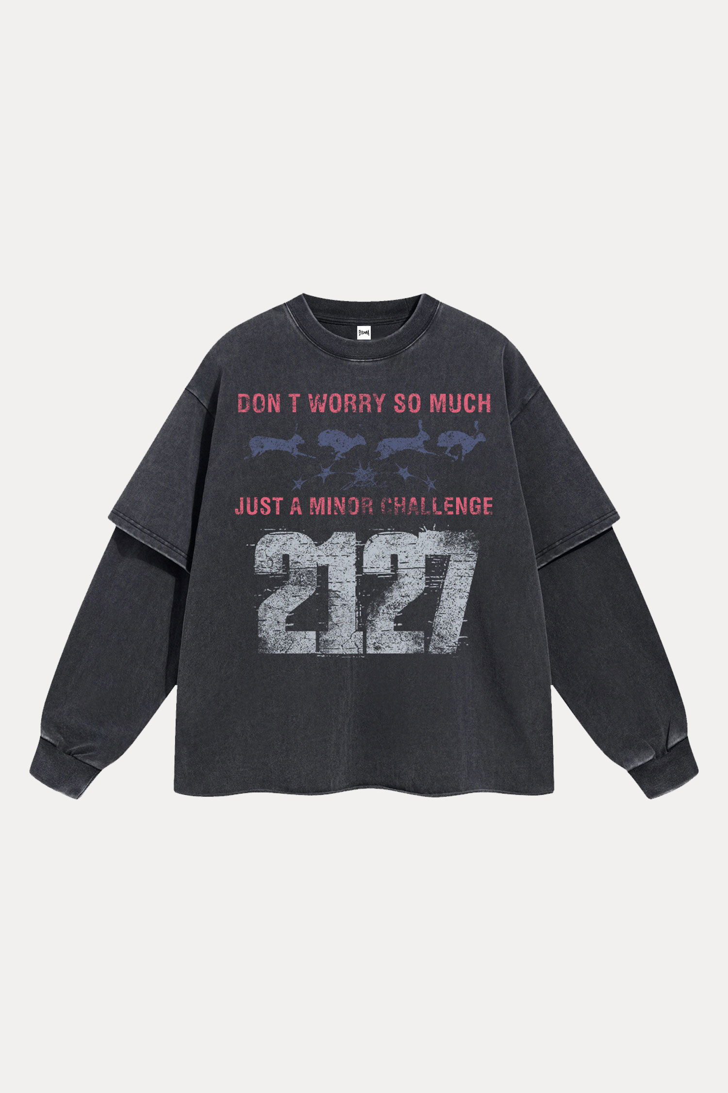 Evilnova Don't Worry So Much Washed Fake Two-Piece Print Long Sleeve Tee