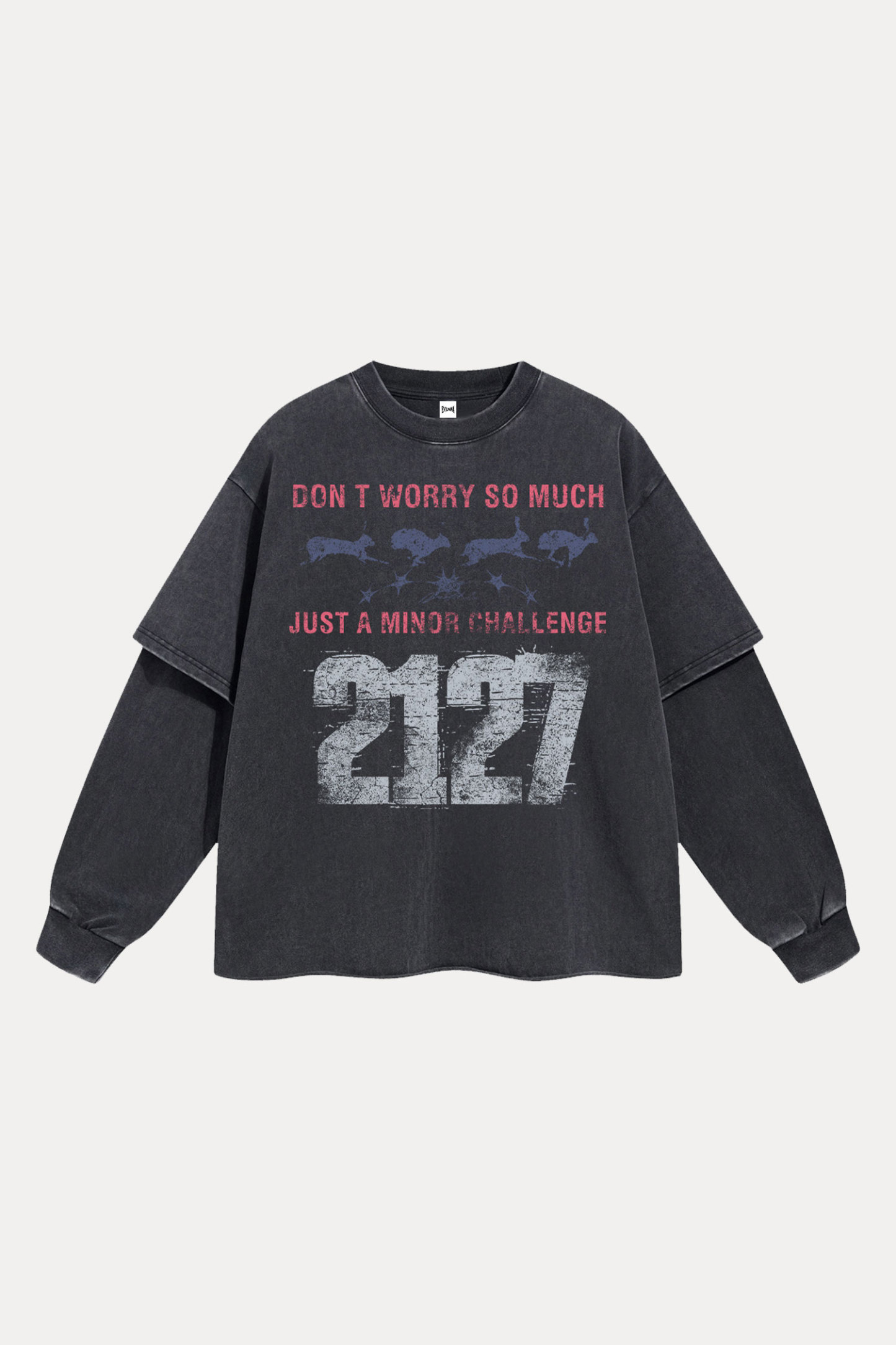 Evilnova Don't Worry So Much Washed Fake Two-Piece Print Long Sleeve Tee