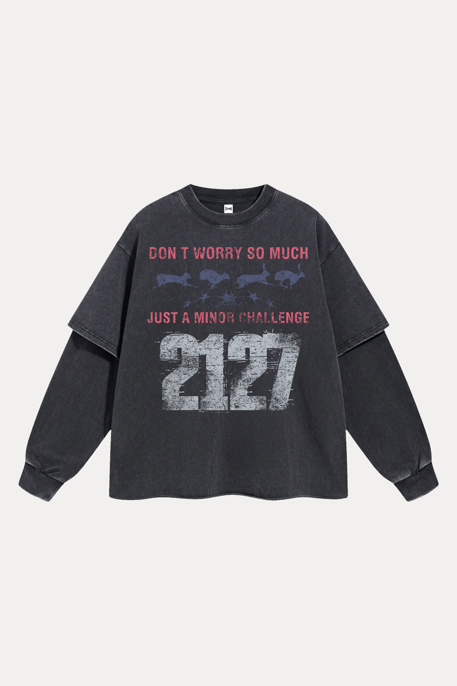 Evilnova Don't Worry So Much Washed Fake Two-Piece Print Long Sleeve Tee