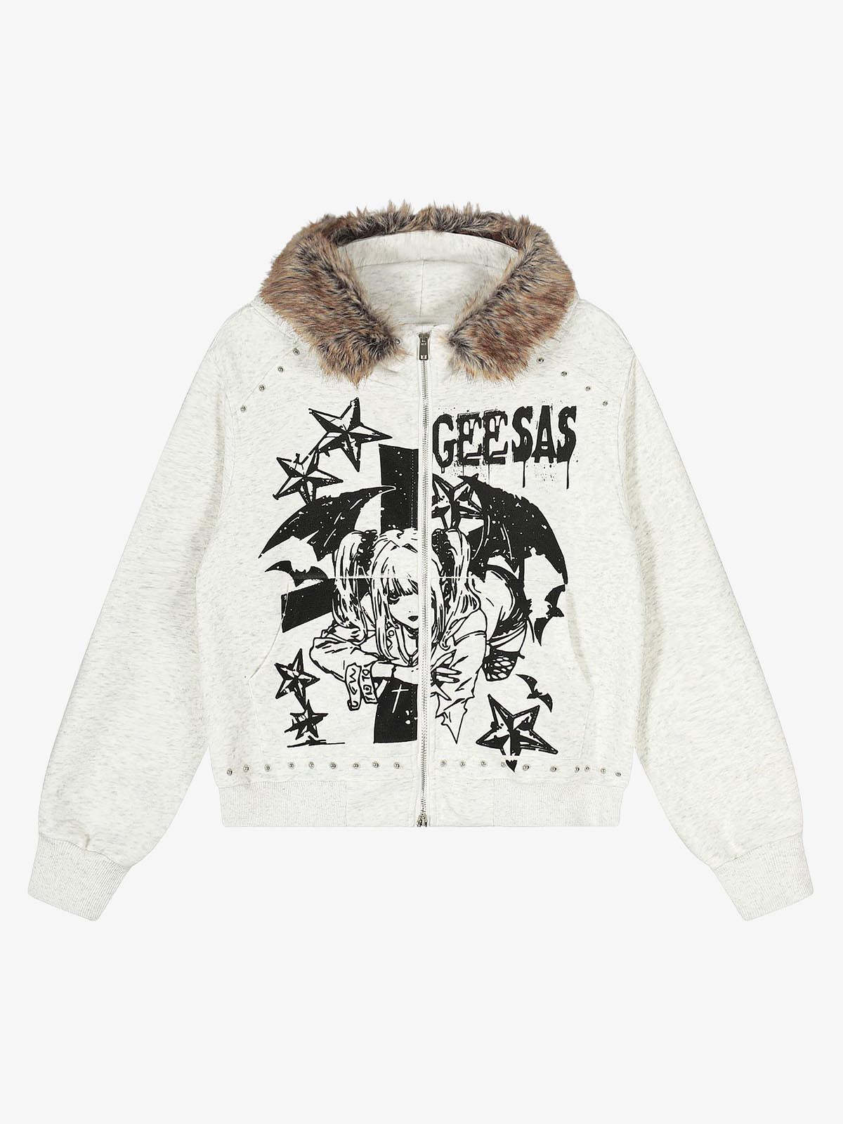 Evilnova Retro Fur Collar Cartoon Pattern Zip Up Hoodie