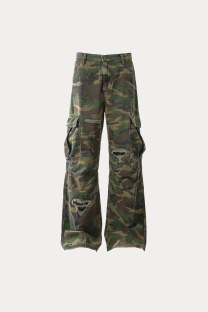 Evilnova Vintage Distressed Camo Bootcut Pants-Evilnova