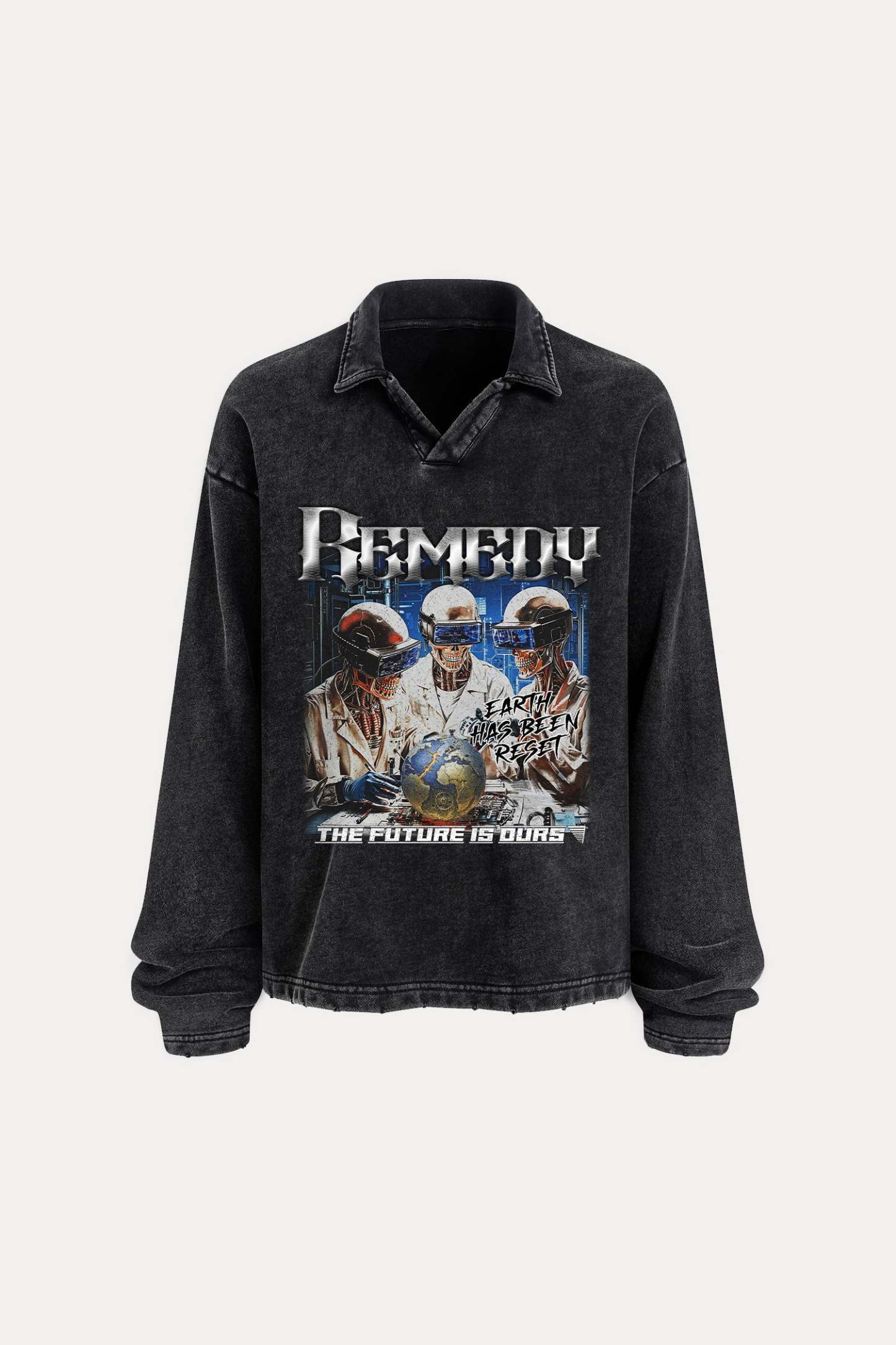 Evilnova Remedy Distressed Edge Buttonless Long Sleeve Polo Shirt-Evilnova