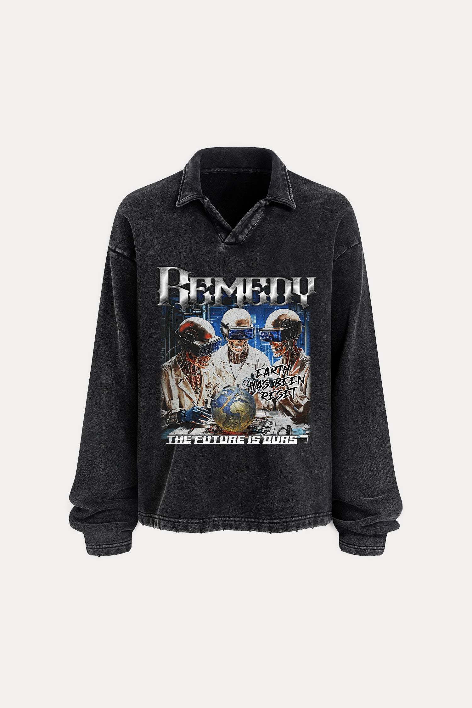 Evilnova Remedy Distressed Edge Buttonless Long Sleeve Polo Shirt-Evilnova