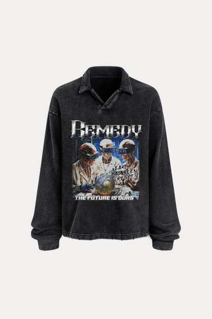 Evilnova Remedy Distressed Edge Buttonless Long Sleeve Polo Shirt-Evilnova