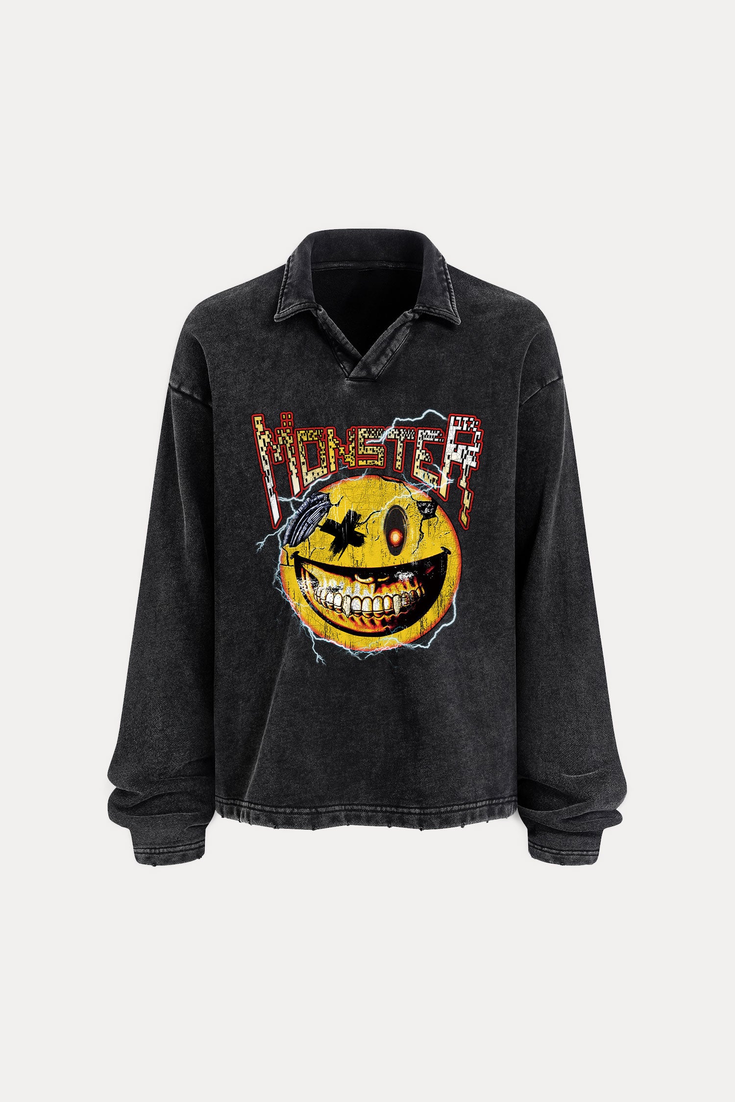 Evilnova Monster Distressed Edge Buttonless Long Sleeve Polo Shirt-Evilnova