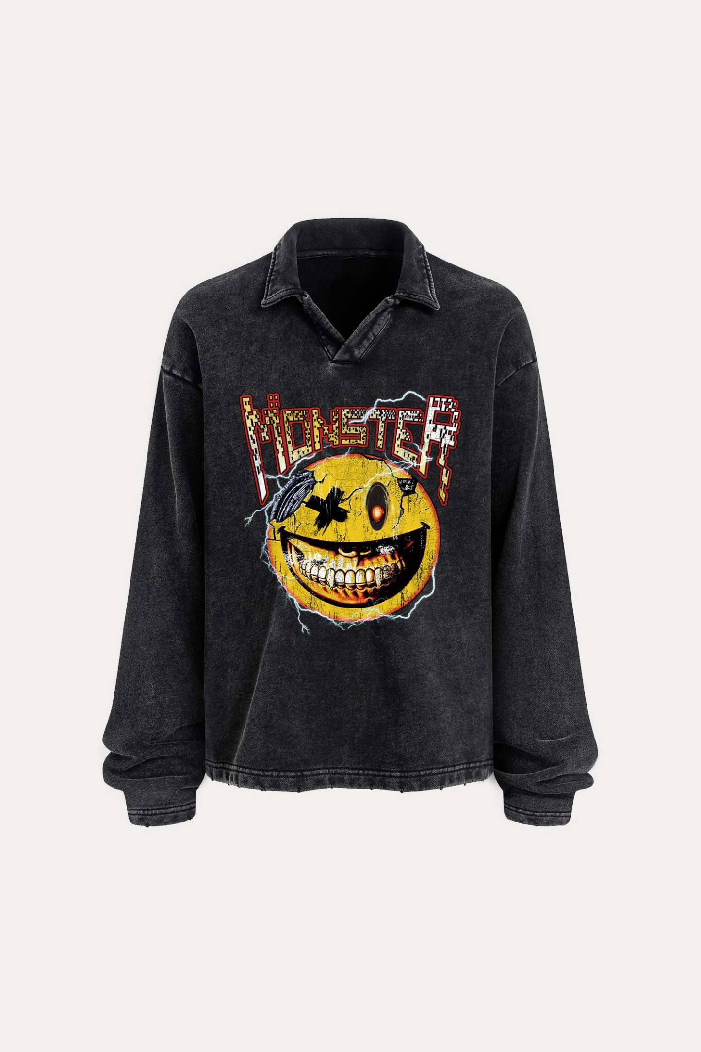 Evilnova Monster Distressed Edge Buttonless Long Sleeve Polo Shirt-Evilnova