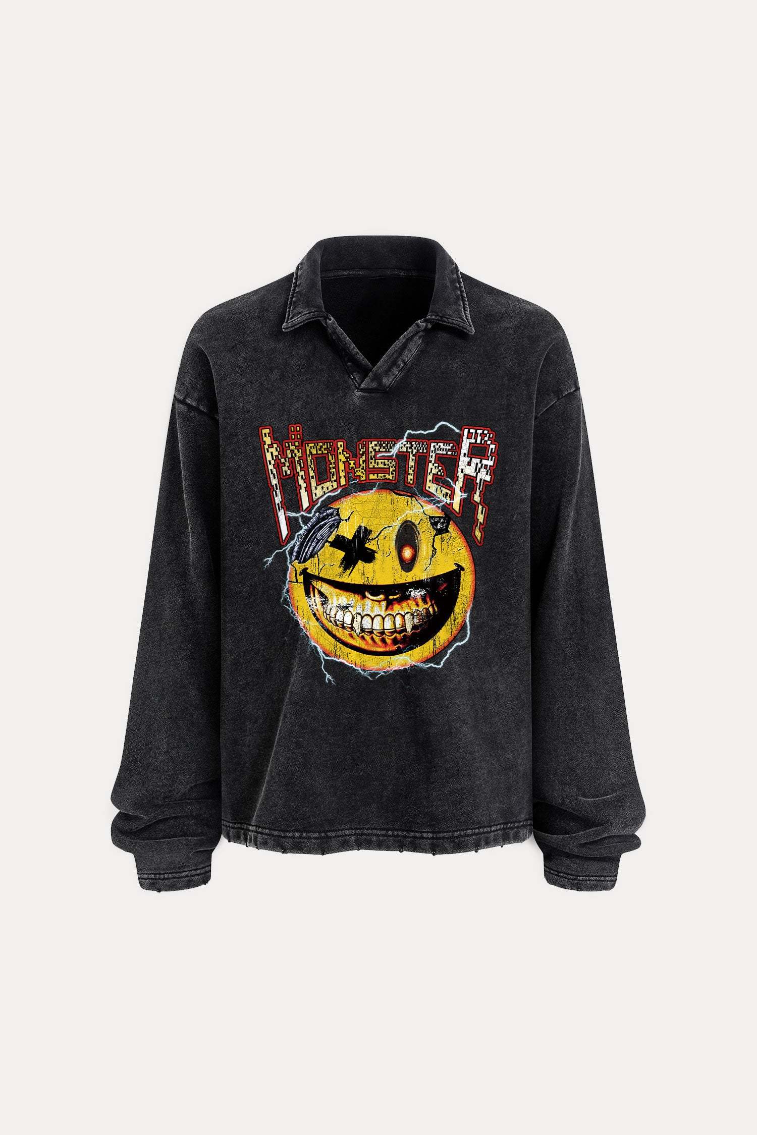 Evilnova Monster Distressed Edge Buttonless Long Sleeve Polo Shirt-Evilnova