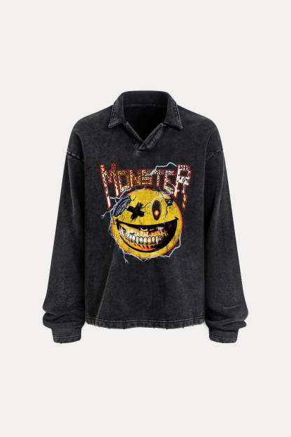 Evilnova Monster Distressed Edge Buttonless Long Sleeve Polo Shirt-Evilnova