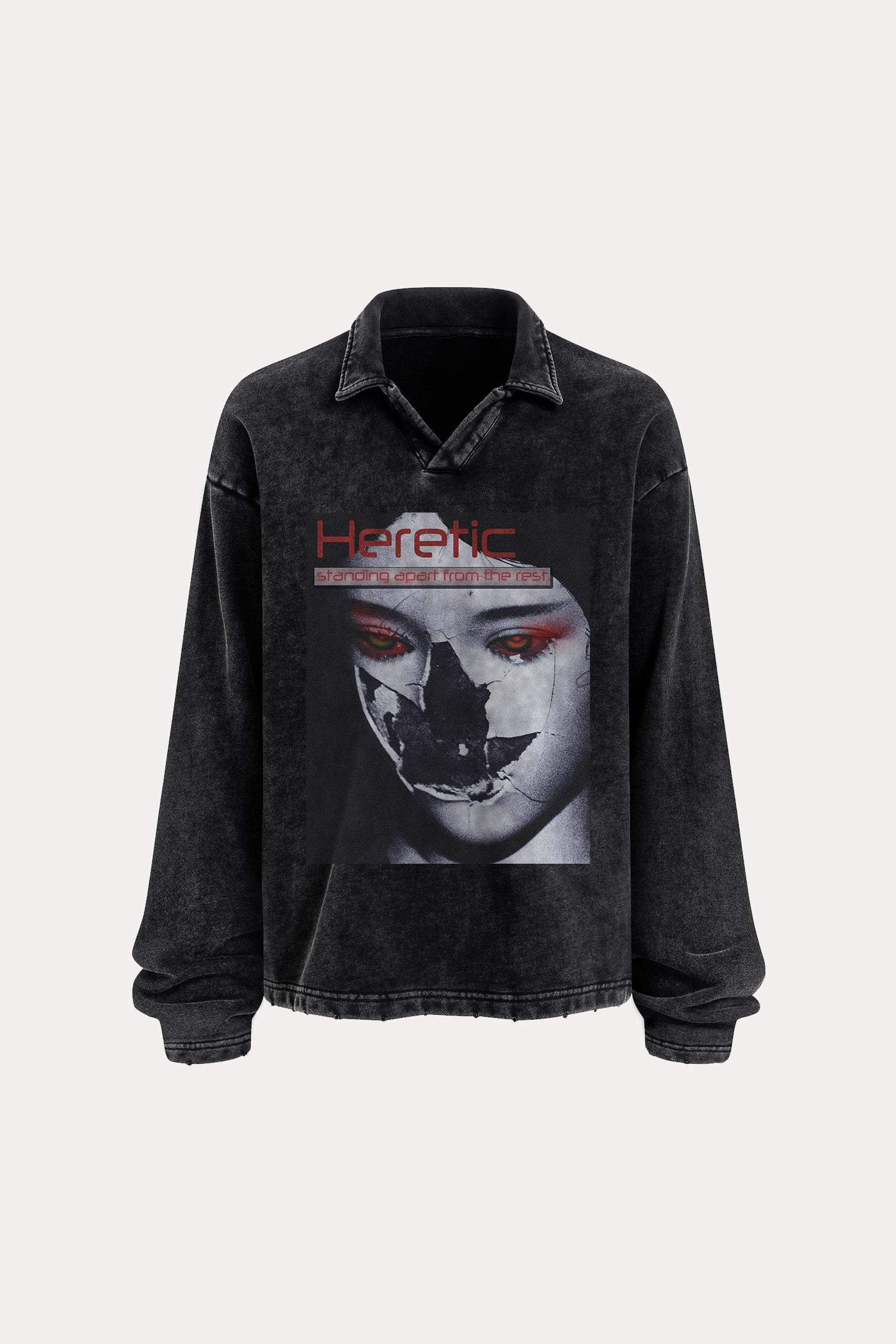 Evilnova Heretic Distressed Edge Buttonless Long Sleeve Polo Shirt-Evilnova