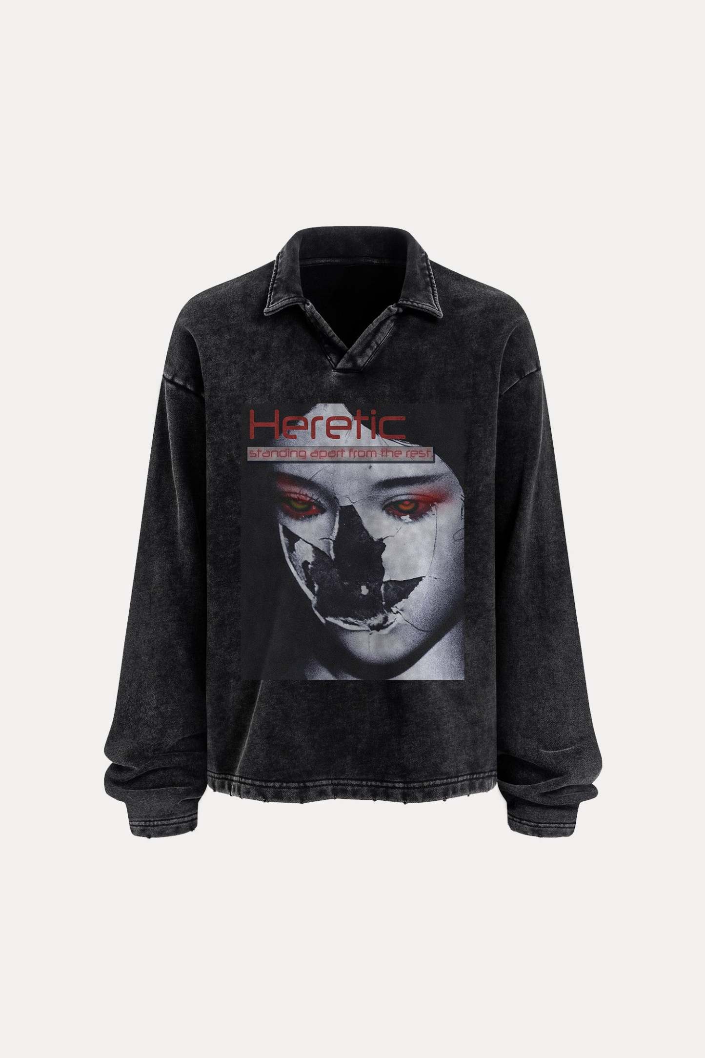 Evilnova Heretic Distressed Edge Buttonless Long Sleeve Polo Shirt-Evilnova