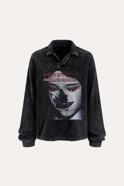 Evilnova Heretic Distressed Edge Buttonless Long Sleeve Polo Shirt-Evilnova