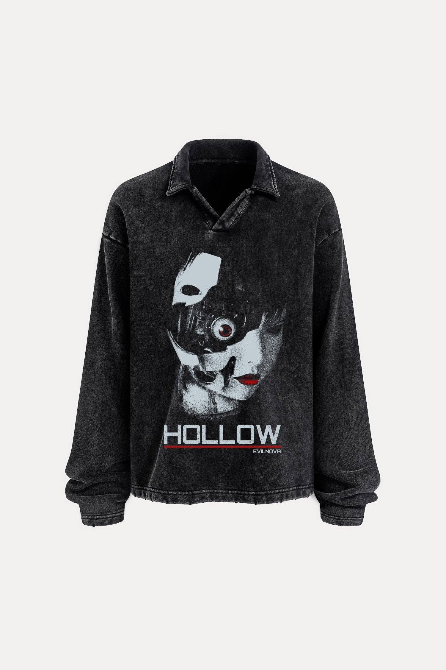 Evilnova Hollow Distressed Edge Buttonless Long Sleeve Polo Shirt-Evilnova