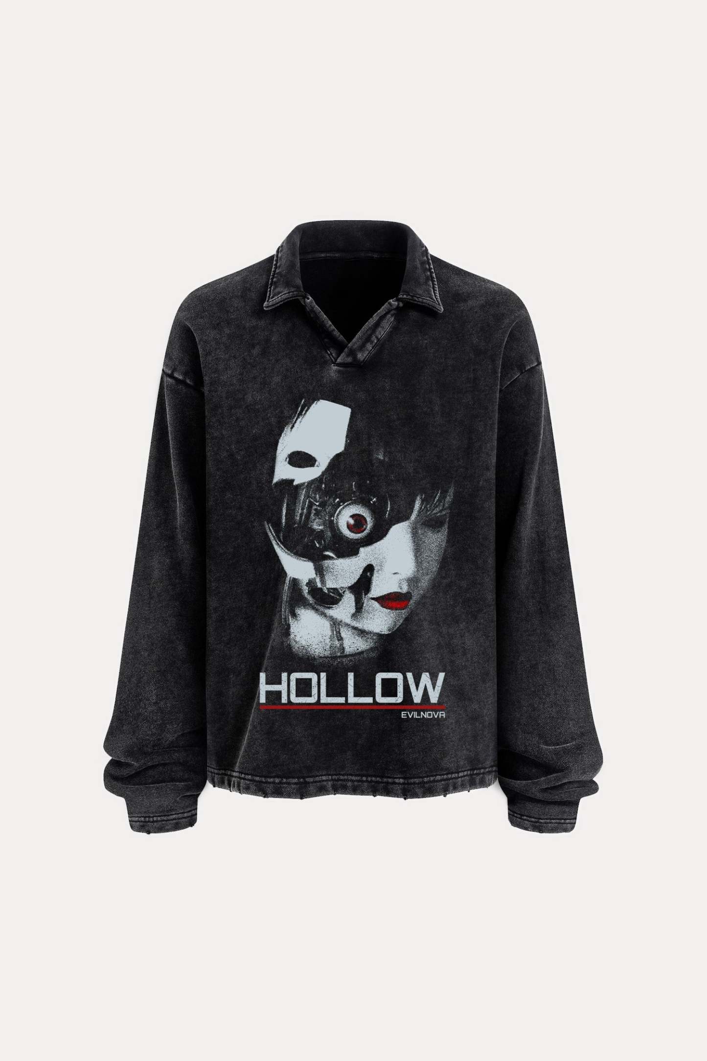 Evilnova Hollow Distressed Edge Buttonless Long Sleeve Polo Shirt-Evilnova