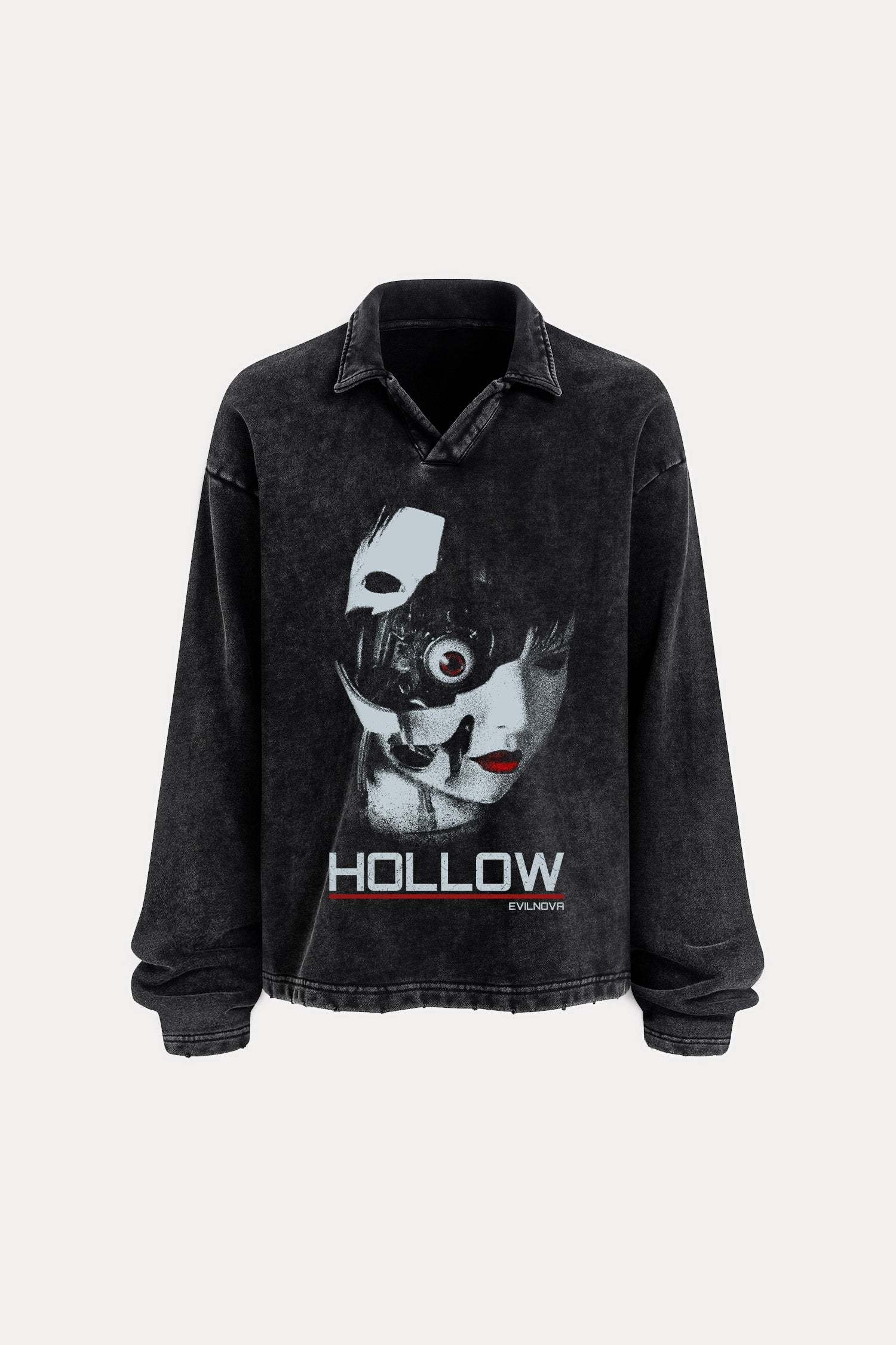 Evilnova Hollow Distressed Edge Buttonless Long Sleeve Polo Shirt-Evilnova