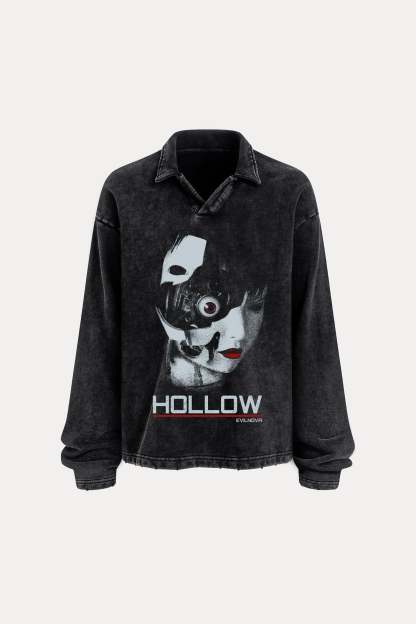 Evilnova Hollow Distressed Edge Buttonless Long Sleeve Polo Shirt-Evilnova