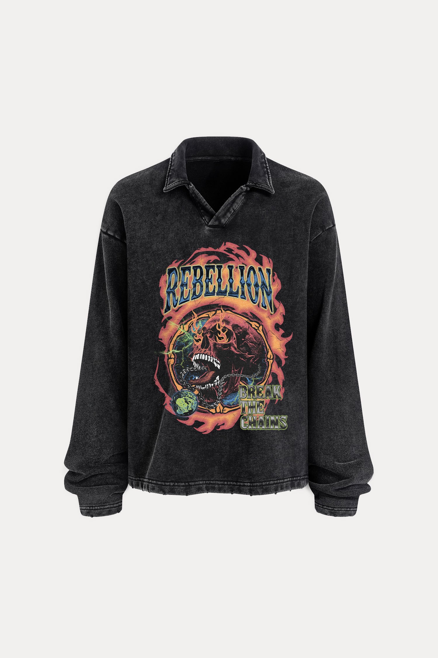 Evilnova Rebellion Distressed Edge Buttonless Long Sleeve Polo Shirt-Evilnova