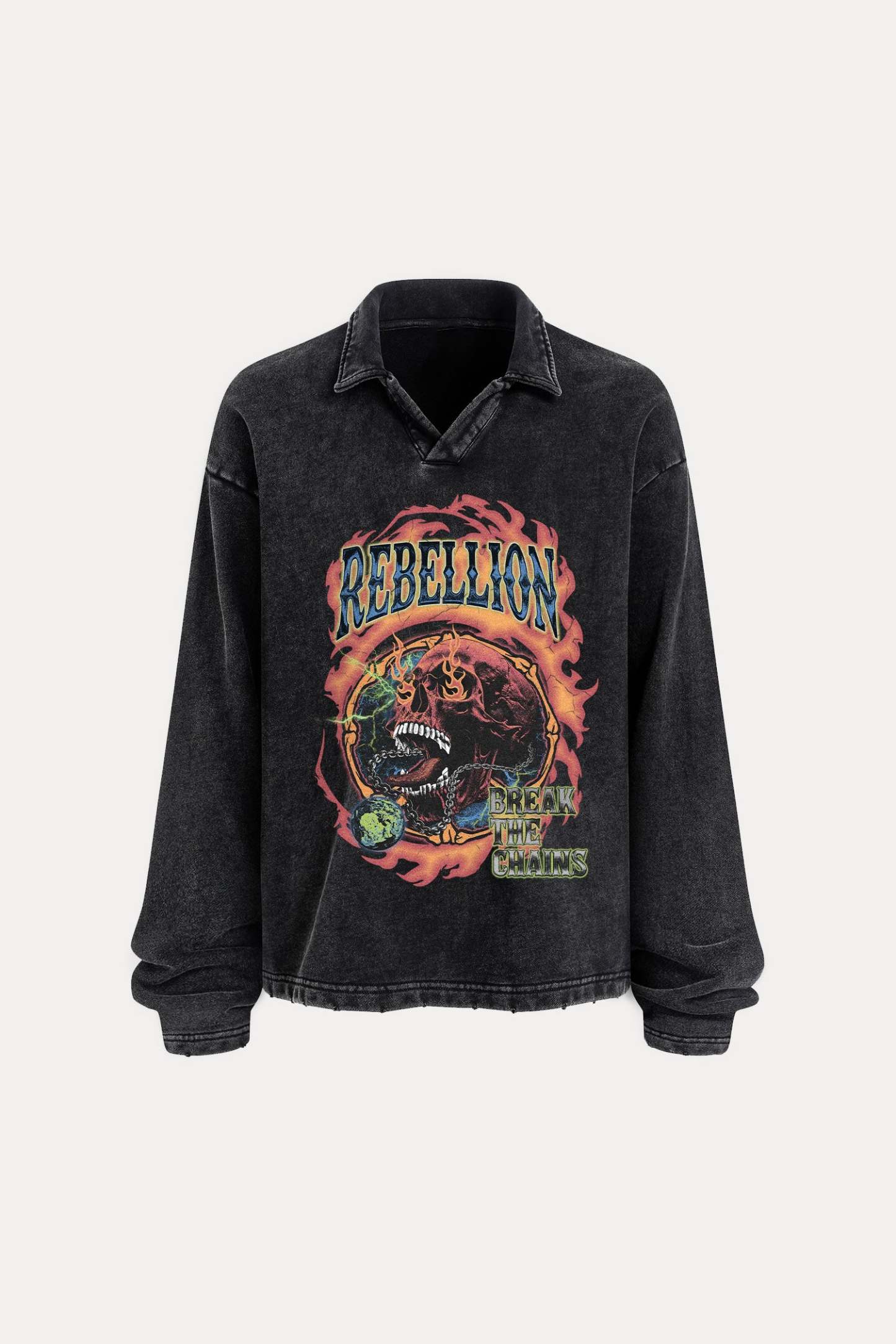 Evilnova Rebellion Distressed Edge Buttonless Long Sleeve Polo Shirt-Evilnova