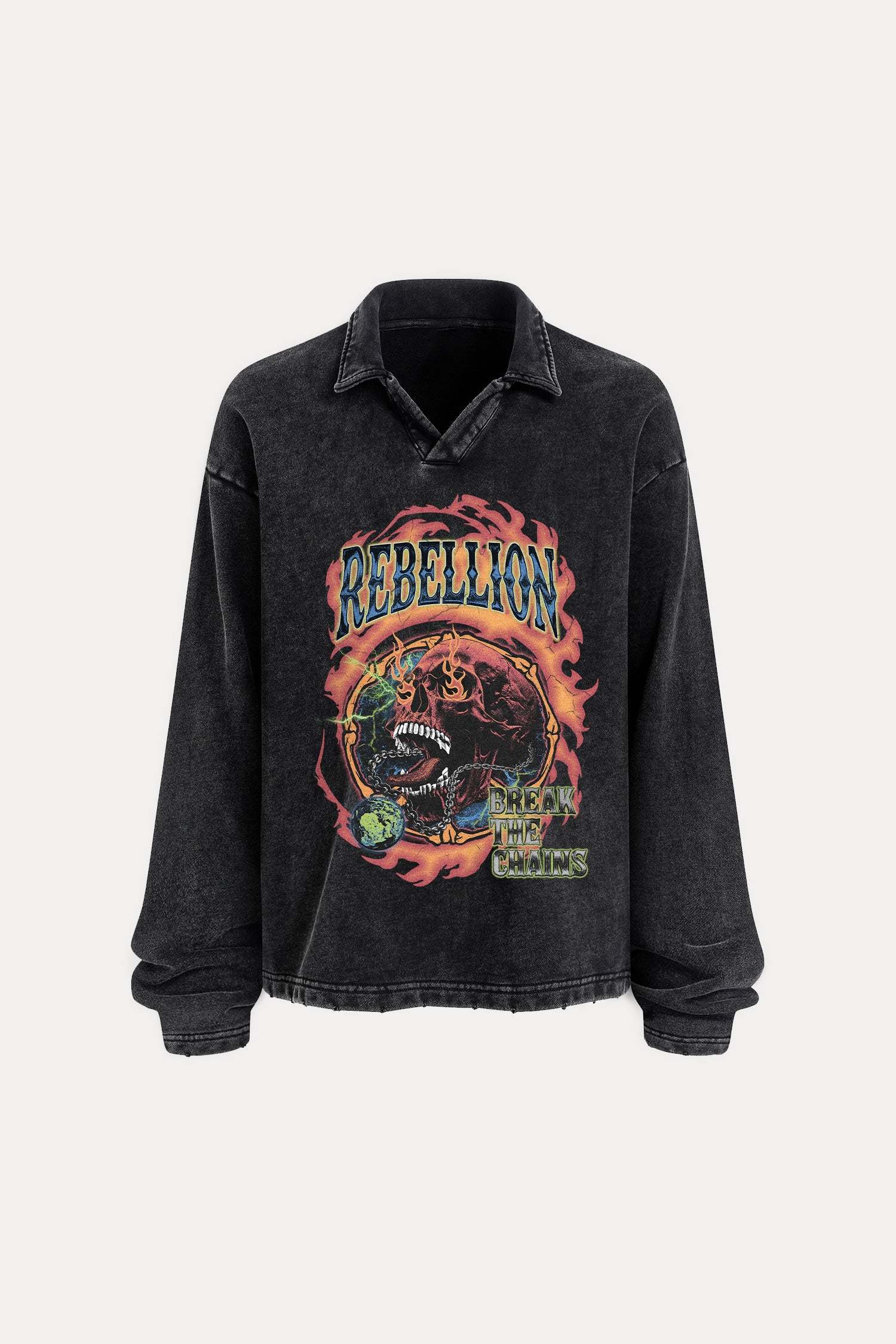 Evilnova Rebellion Distressed Edge Buttonless Long Sleeve Polo Shirt-Evilnova