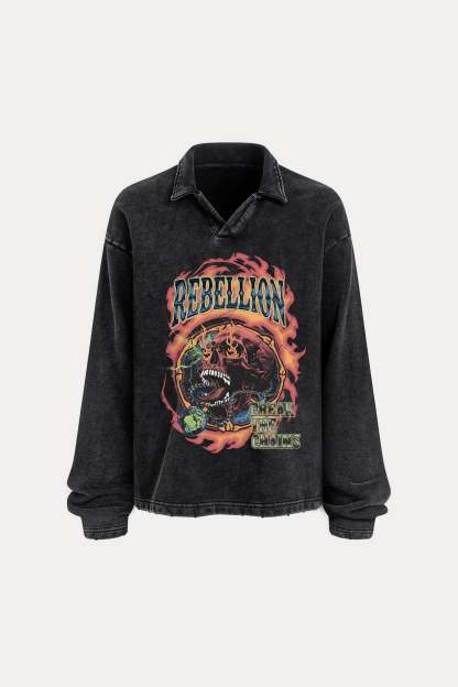 Evilnova Rebellion Distressed Edge Buttonless Long Sleeve Polo Shirt-Evilnova