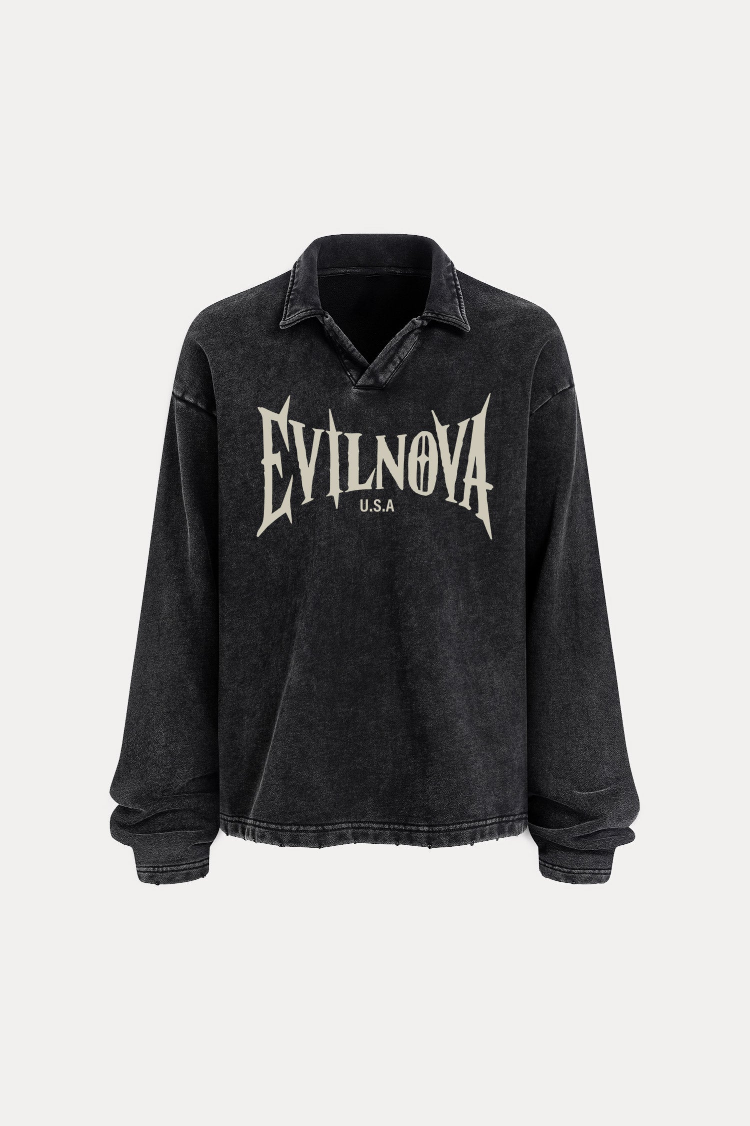 Evilnova U.S.A Distressed Edge Buttonless Long Sleeve Polo Shirt-Evilnova