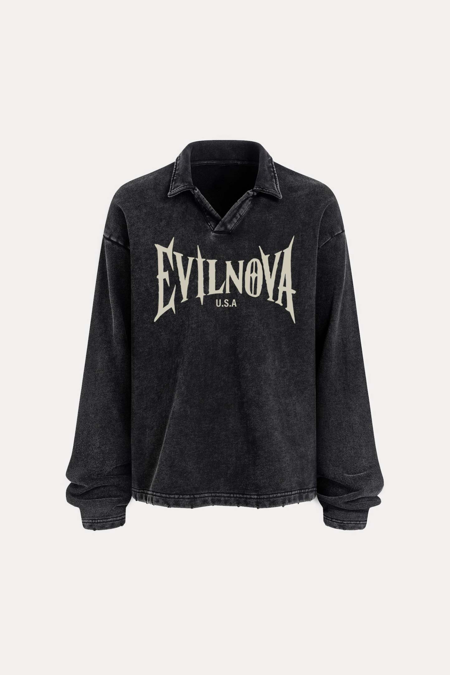 Evilnova U.S.A Distressed Edge Buttonless Long Sleeve Polo Shirt-Evilnova