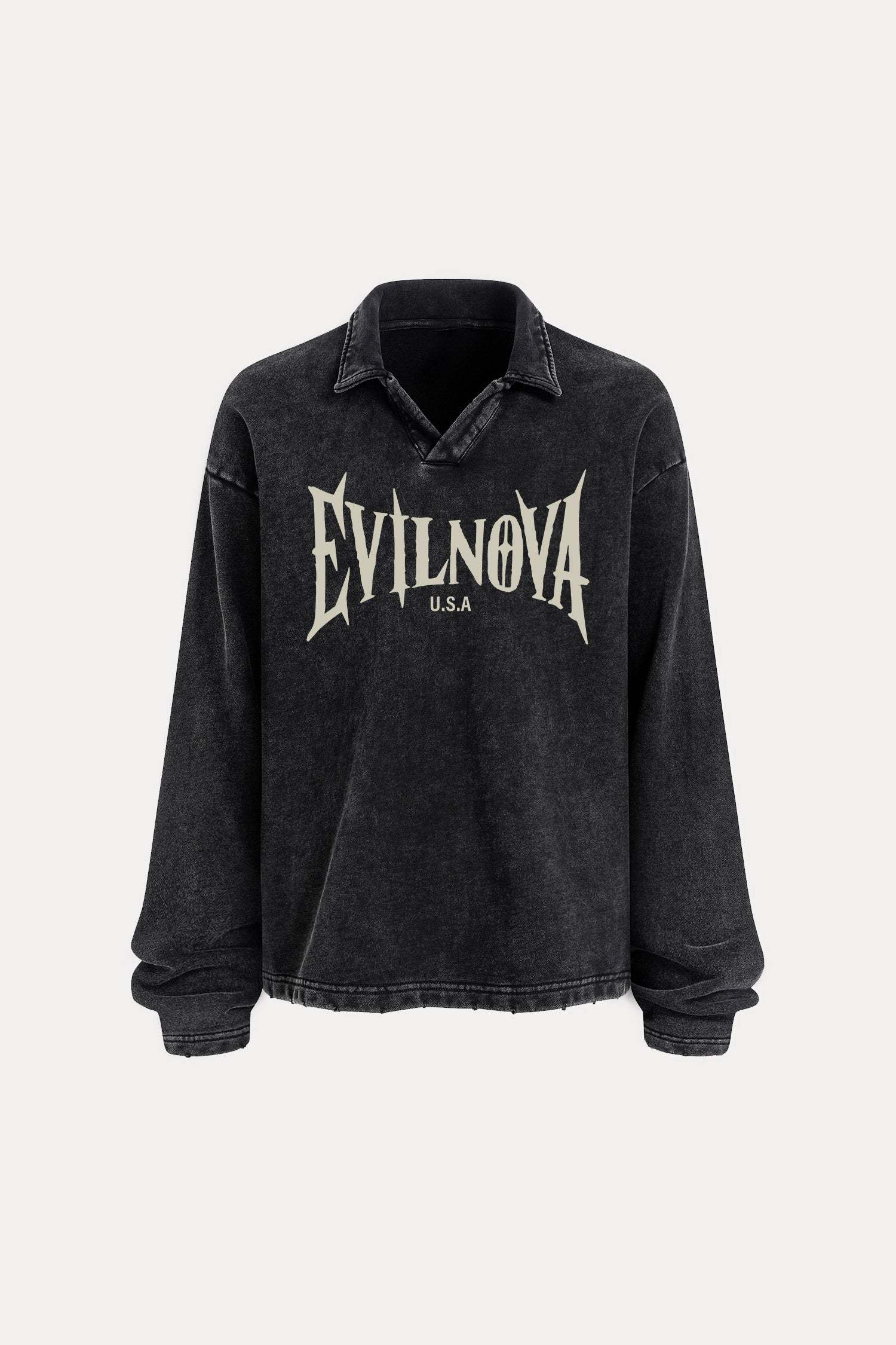 Evilnova U.S.A Distressed Edge Buttonless Long Sleeve Polo Shirt-Evilnova