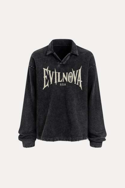 Evilnova U.S.A Distressed Edge Buttonless Long Sleeve Polo Shirt-Evilnova