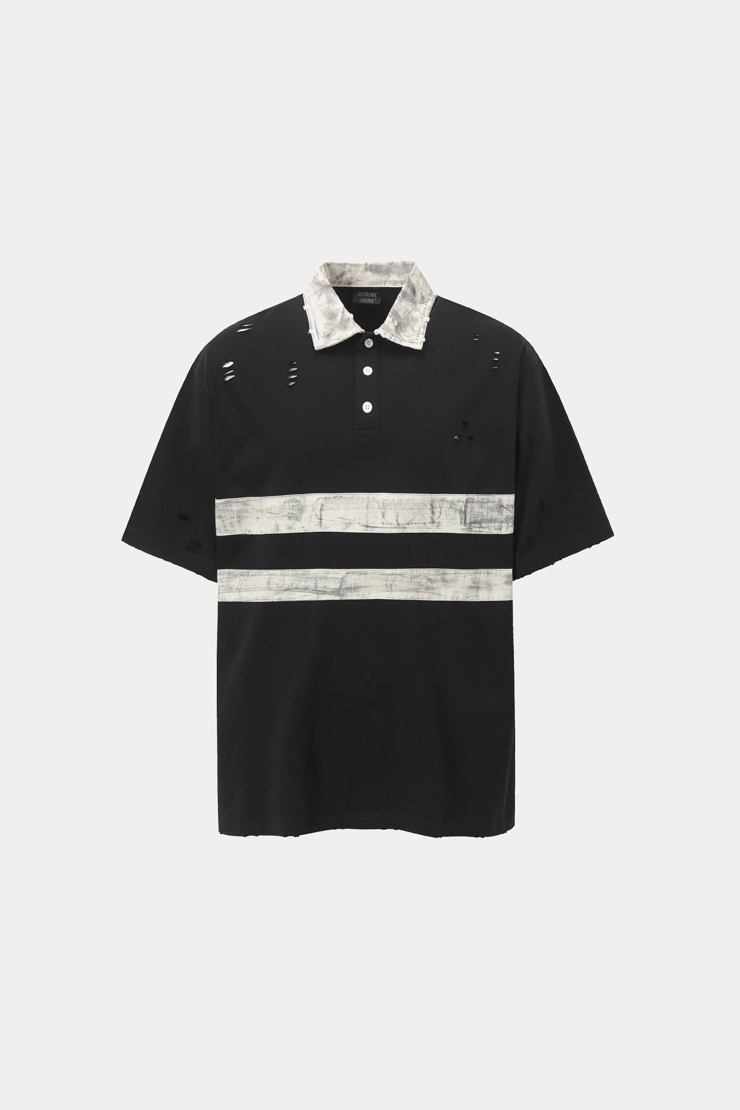 Evilnova Black Vintage Striped Distressed Polo Shirt-Evilnova